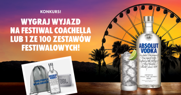 Absolut wystartował z kolejnym konkursem – wygraj bilety na Coachella Festival Muzyka, LIFESTYLE - Marka Absolut wystartowała z kolejną edycją konkurs dla miłośników muzyki i dobrej zabawy. Do wygrania wyjątkowe nagrody – podwójne bilety na Coachella Festival oraz zestawy festiwalowe. Co trzeba zrobić? To Absolutnie łatwe!