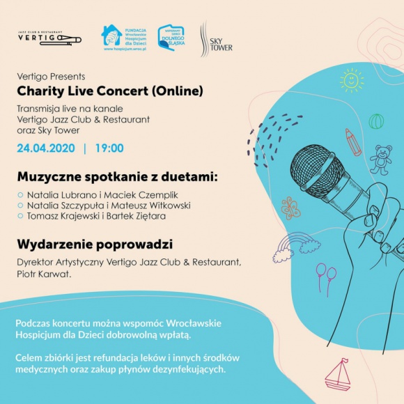 #zostańwdomu ze Sky Tower i weź udział w Vertigo Presents: Charity Live Concert Muzyka, LIFESTYLE - Sky Tower we współpracy z Vertigo Jazz Club, zaprasza na muzyczną ucztę. Koncert odbędzie się w najbliższy piątek, 24 kwietnia. Tym razem będzie on wyjątkowy, bo połączony ze wsparciem dla Fundacji Wrocławskie Hospicjum dla Dzieci. Live-transmisja rozpocznie się o godz. 19:00.